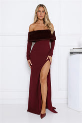 Glow In The Snow Faux Fur Off Shoulder Maxi Dress Wine