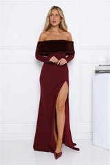 Glow In The Snow Faux Fur Off Shoulder Maxi Dress Wine