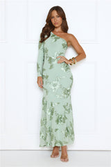 Glow Queen Energy One Shoulder Maxi Dress Sage