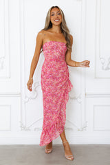 Dancing Dahlia Strapless Midi Dress Pink