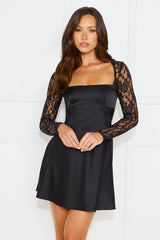 Magnificent Poise Lace Long Sleeve Satin Mini Dress Black