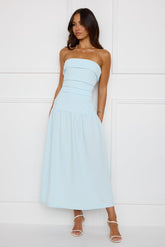Effortlessly Posh Strapless Midi Dress Blue
