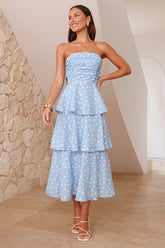 Dotty Delight Strapless Maxi Dress Blue