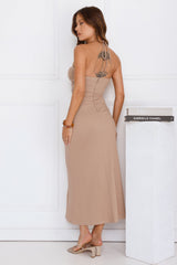 Minimalist Luxe Halter Midi Dress Brown