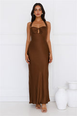 Ambiance Of The Night Halter Satin Maxi Dress Brown