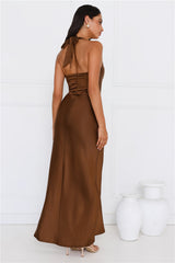 Ambiance Of The Night Halter Satin Maxi Dress Brown