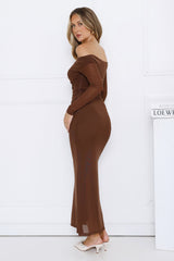 Curve Embrace Off Shoulder Mesh Maxi Dress Brown
