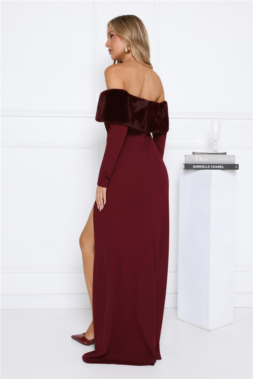 Glow In The Snow Faux Fur Off Shoulder Maxi Dress Wine