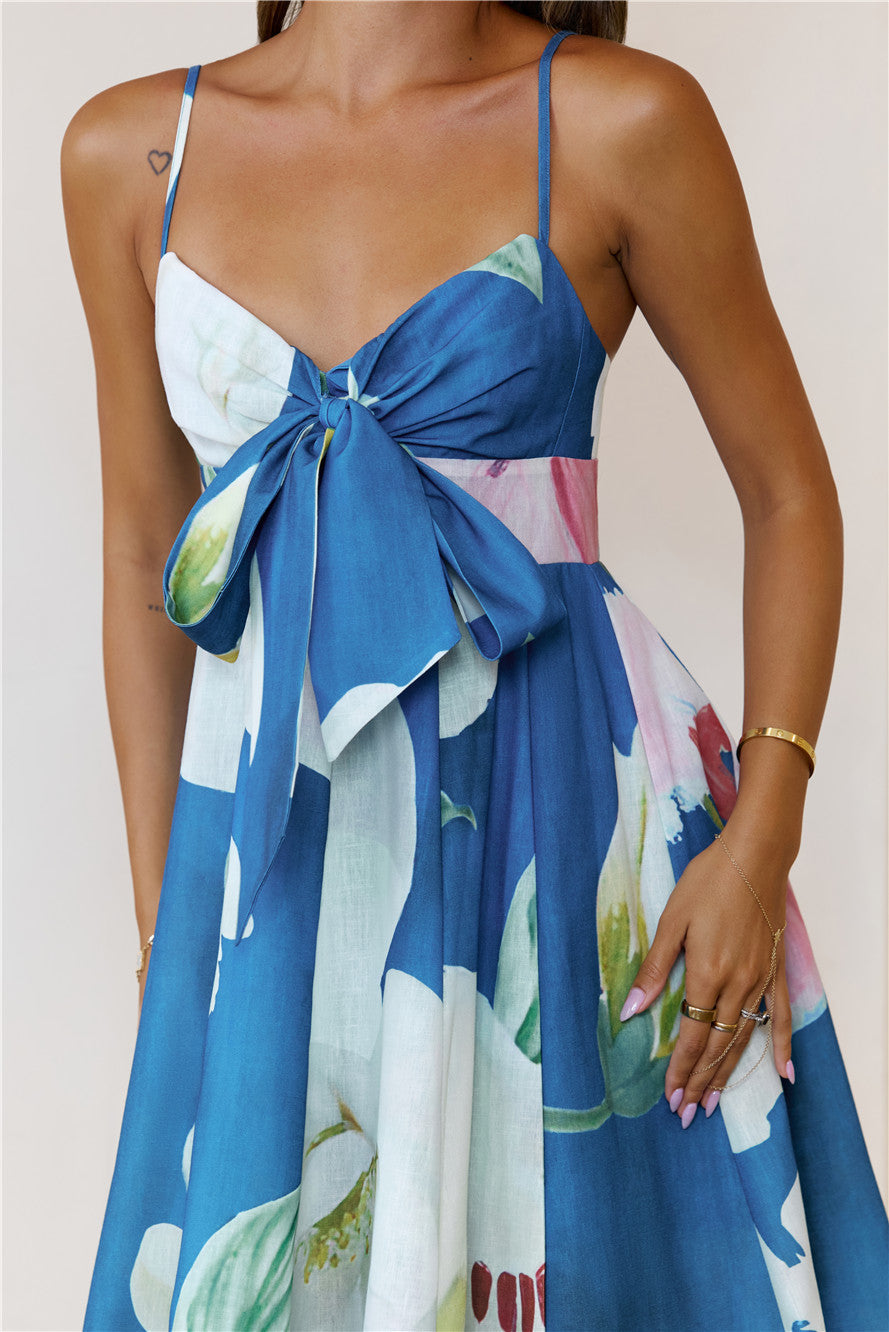 Dahlia Bow Midi Dress Blue