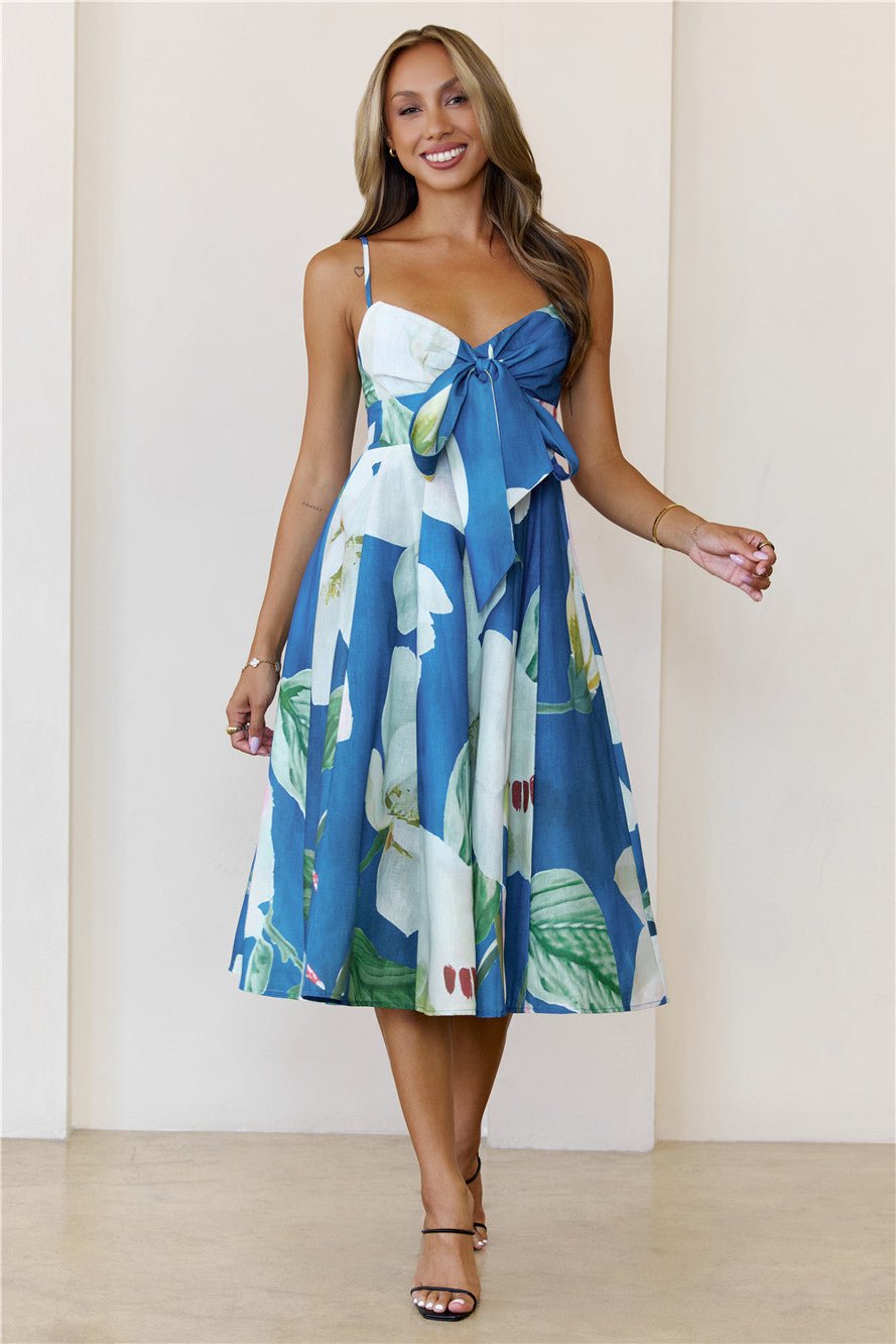 Dahlia Bow Midi Dress Blue
