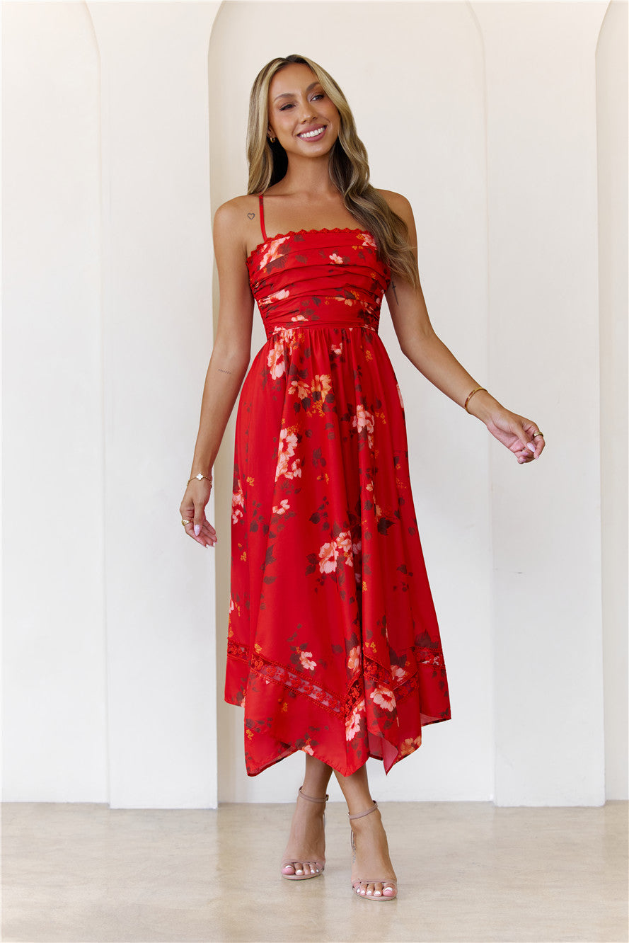 Twilight Grove Strapless Midi Dress Red