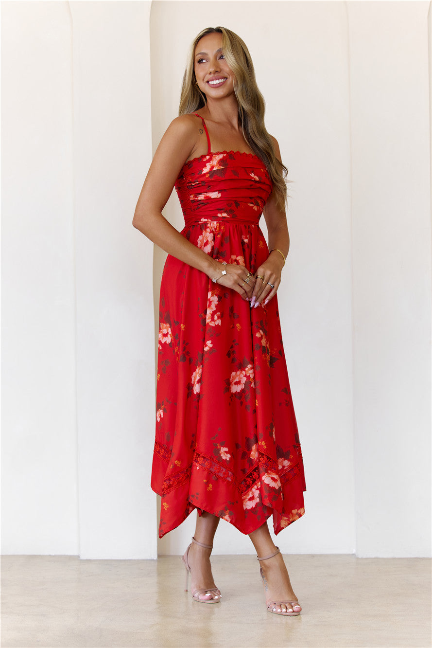 Twilight Grove Strapless Midi Dress Red