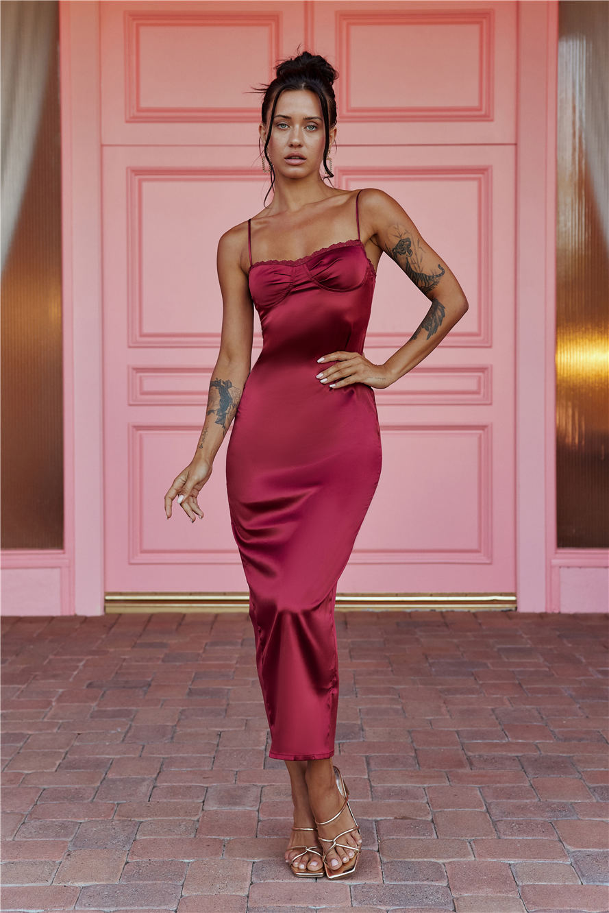 Claudia Satin Midi Dress Burgundy