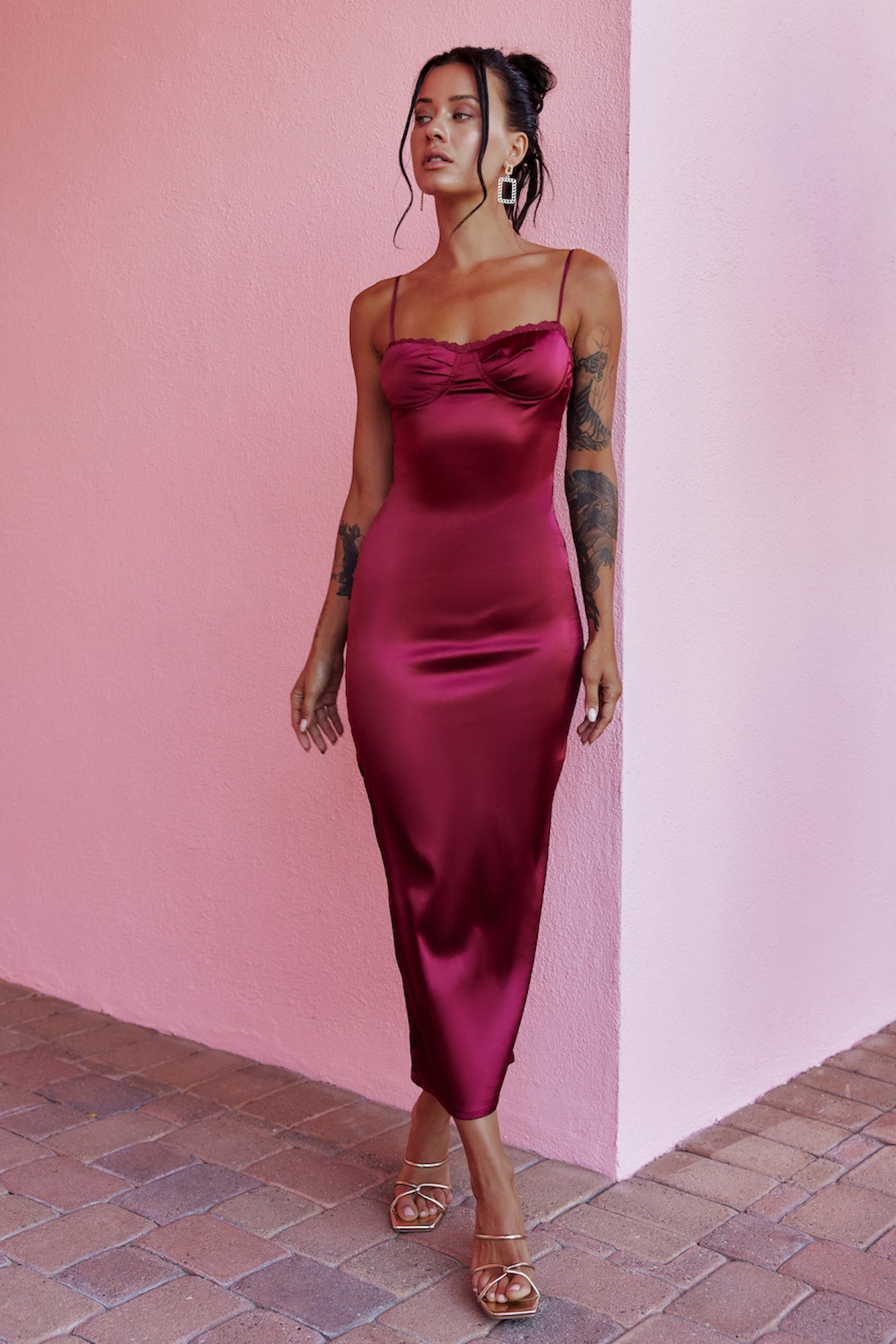 Claudia Satin Midi Dress Burgundy