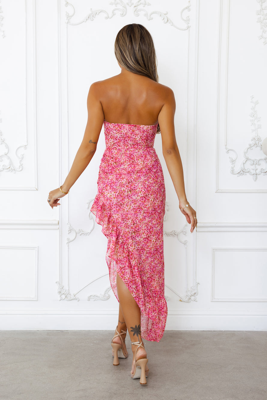 Dancing Dahlia Strapless Midi Dress Pink