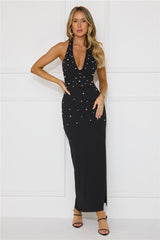 Ocean Beauty Halter Pearl Maxi Dress Black