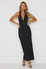 Ocean Beauty Halter Pearl Maxi Dress Black