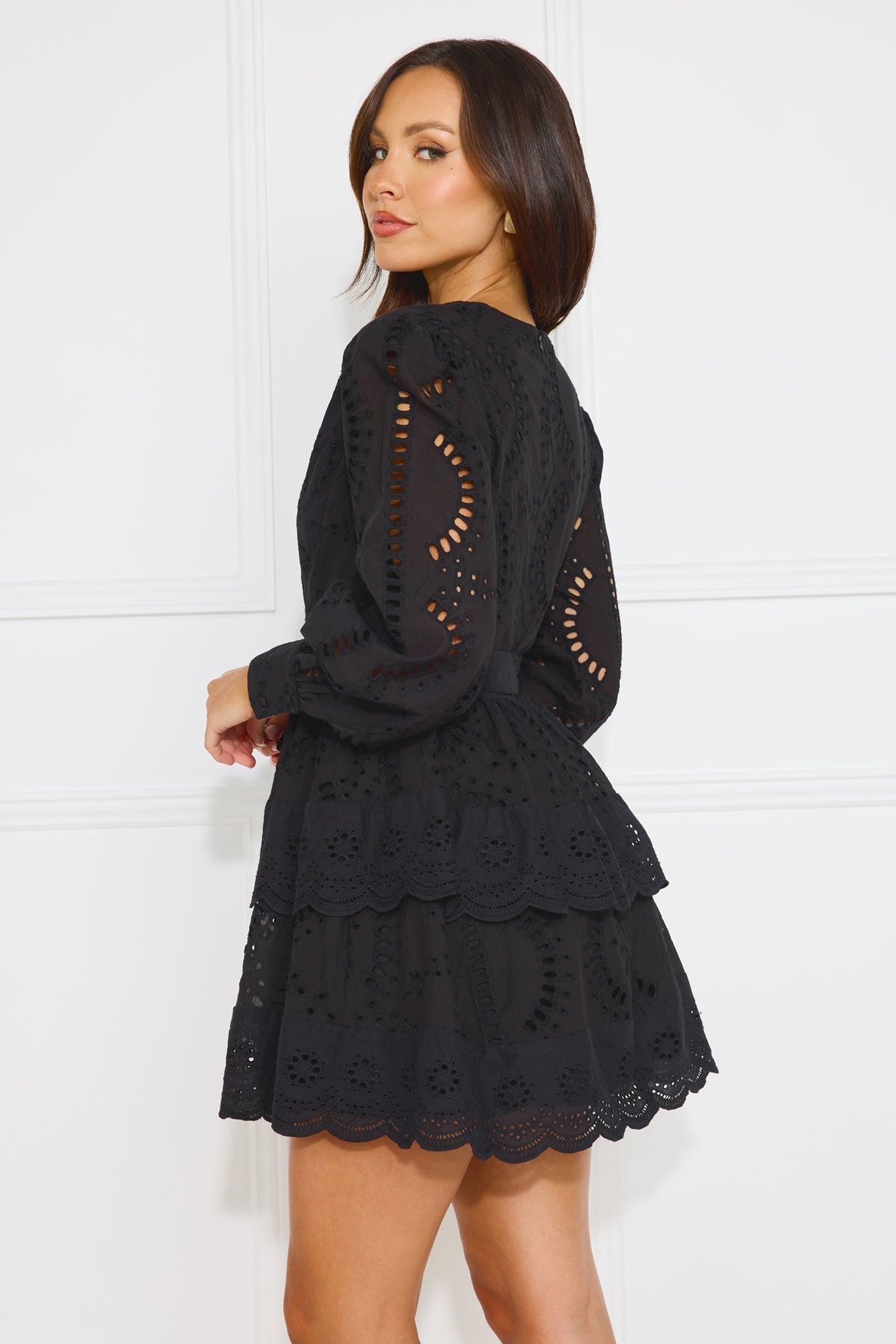 Elevated Experience Embroidered Long Sleeve Mini Dress Black
