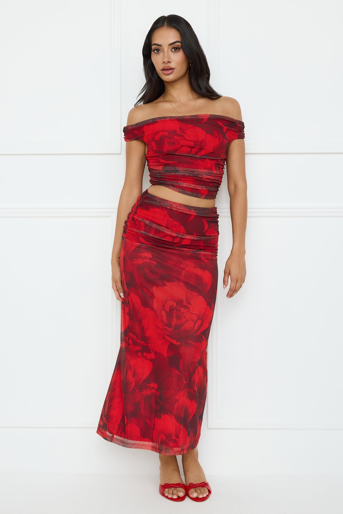 Spill The Goss Mesh Maxi Skirt Red