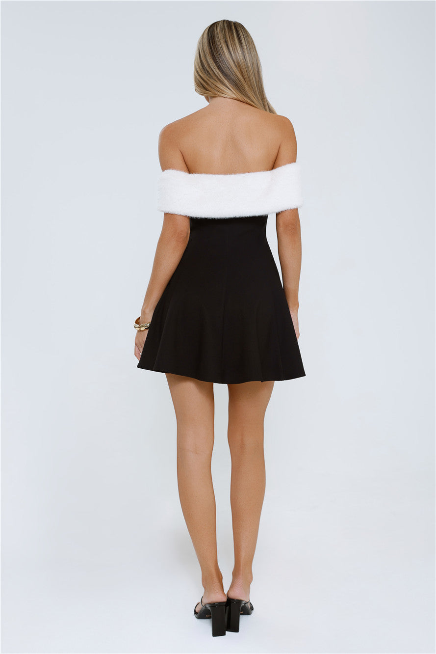 Black Tie Brilliance Off Shoulder Faux Fur Mini Dress Black
