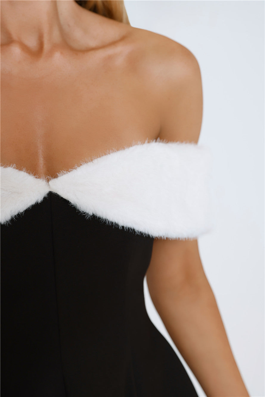 Black Tie Brilliance Off Shoulder Faux Fur Mini Dress Black