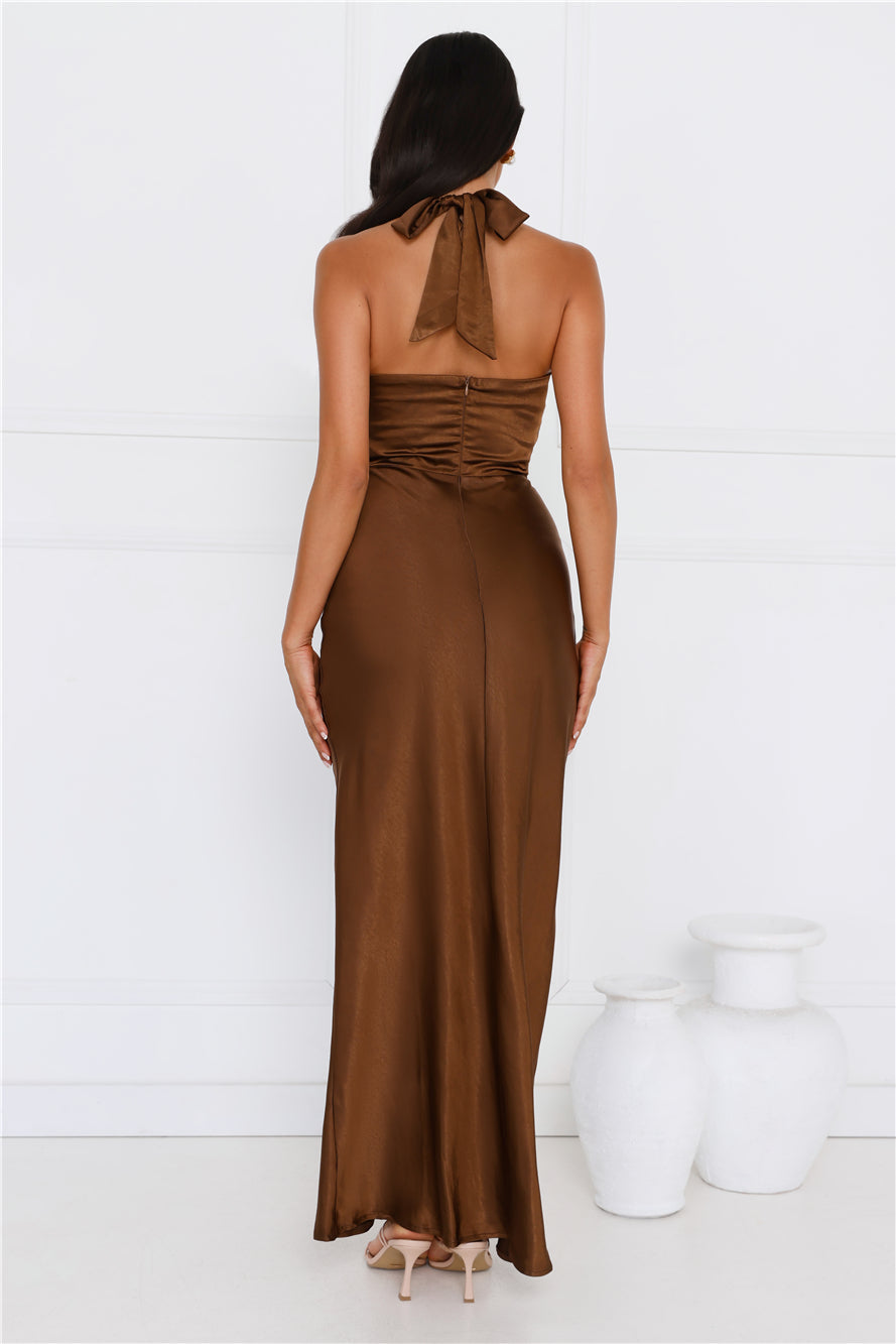 Ambiance Of The Night Halter Satin Maxi Dress Brown