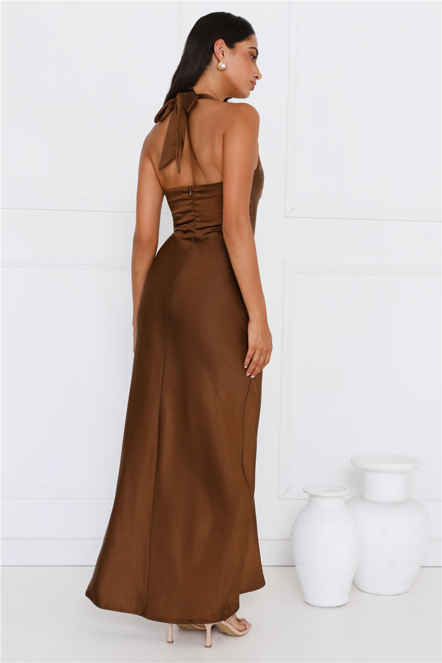 Ambiance Of The Night Halter Satin Maxi Dress Brown