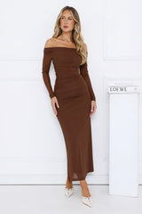 Curve Embrace Off Shoulder Mesh Maxi Dress Brown