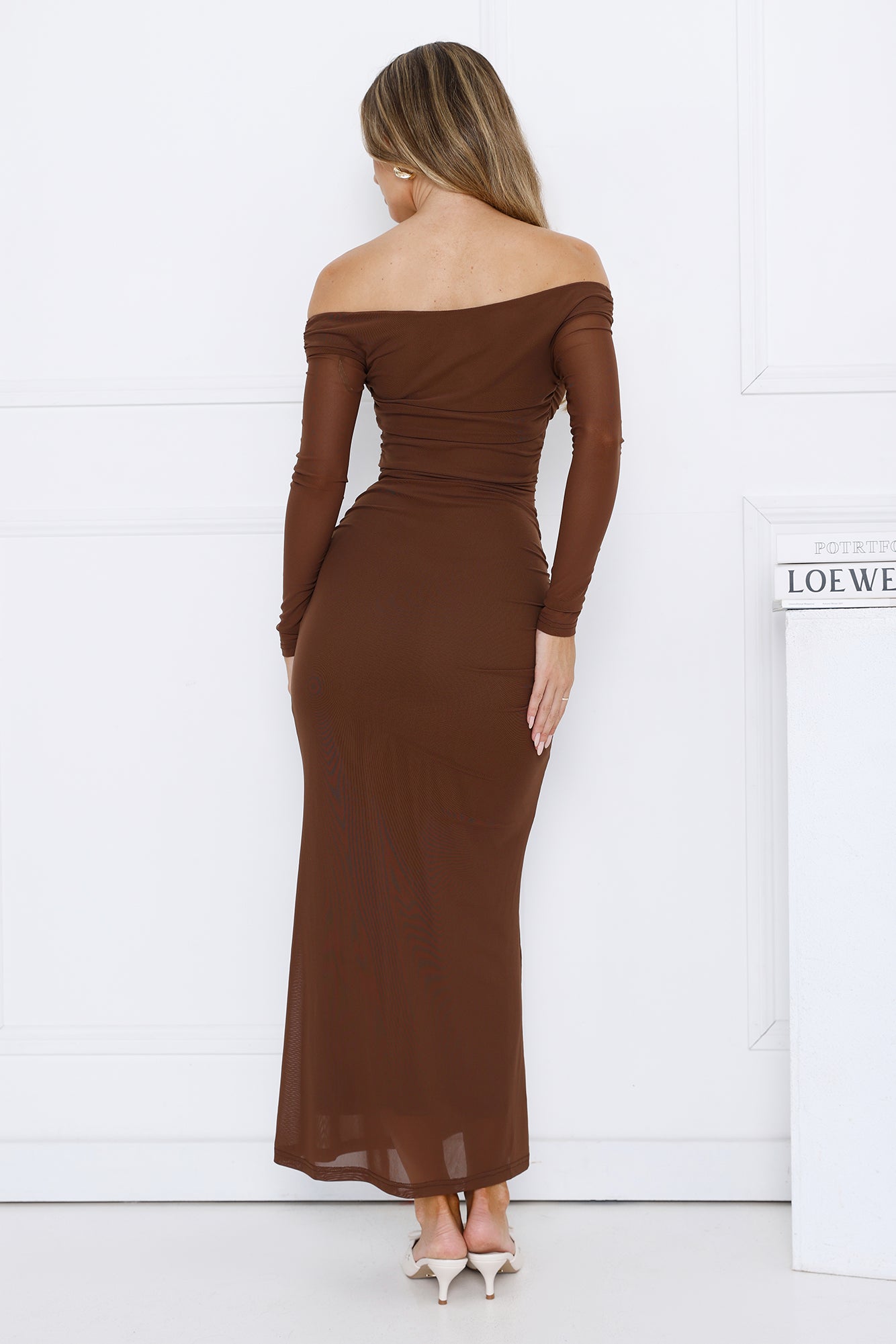 Curve Embrace Off Shoulder Mesh Maxi Dress Brown