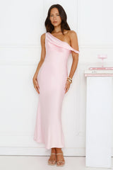 Stylish Season Off Shoulder Satin Midi Dress Pink