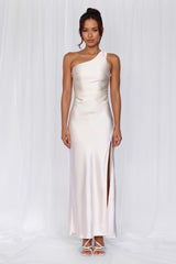 The Aurora One Shoulder Satin Maxi Dress Pearl